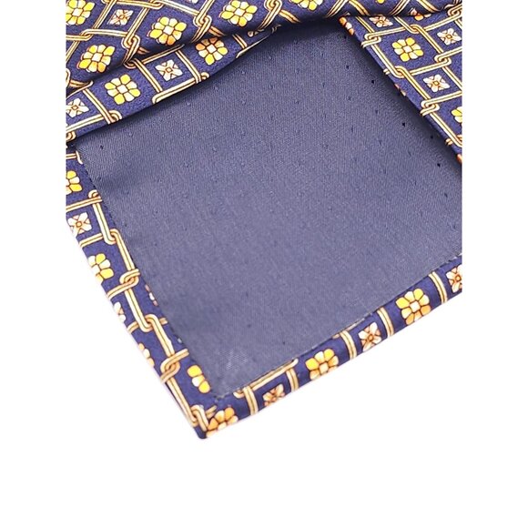 Paco Rabanne Mens Silk Tie Geometric Floral Pattern Navy & Gold Made In Italy - Picture 6 of 13